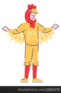 Man wearing rooster costume semi flat RGB color vector illustration. Standing figure. Entertainment industry career. Professional character performer isolated cartoon character on white background. Man wearing rooster costume semi flat RGB color vector illustration