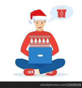 man wearing Santa Claus hat sitting on the floor choosing Christmas gifts with laptop. Online sale. Preparing to Christmas holidays. Vector illustration in flat style. man sitting on the floor
