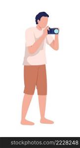 Man wearing summer outfit with camera semi flat color vector character. Standing figure. Full body person on white. Take picture simple cartoon style illustration for web graphic design and animation. Man wearing summer outfit with camera semi flat color vector character