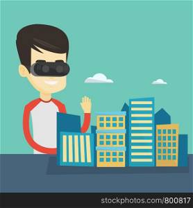Man wearing virtual reality headset and getting into vr world. Man using virtual reality glasses for development of the project of city architecture. Vector flat design illustration. Square layout.. Happy young man wearing virtual reality headset.