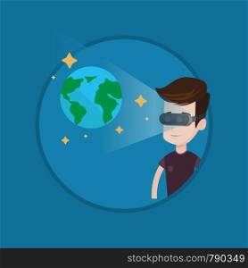 Man wearing virtual reality headset and looking at open space with earth model and stars. Man in vr headset playing videogame. Vector flat design illustration in the circle isolated on background.. Man in vr headset getting in open space.