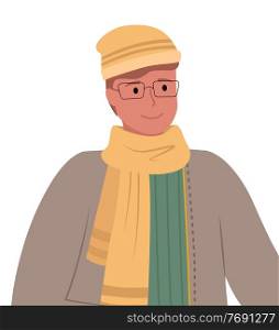 Man wearing warm clothes and glasses, isolated character with modest expression on face. Person standing outside in cold weather. Seasonal clothing worn by male personage, vector in flat style. Shy Man Wearing Winter Jacket and Hat with Scarf