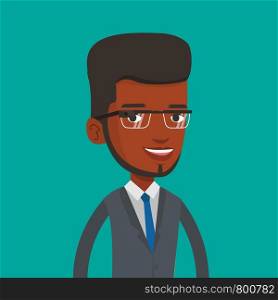 Man wearing wearable computer with an optical head-mounted display. Young african-american man in wearable computer. Smiling man using wearable computer. Vector flat design illustration. Square layout. Man wearing smart glass vector illustration.