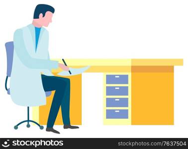 Man wearing white coat, medical worker at job in office. Character, person writing prescription for patient. Healthcare and treatment. Vector illustration in flat cartoon style. Doctor In Office by Table Writing Prescription