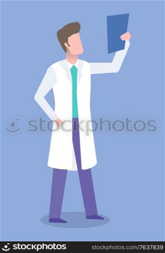 Man wearing white coat working as doctor vector, isolated character making conclusion on xray results. Patients treatment and health care, diagnostics. Doctor Looking at Scan Xray Analysis Diagnostics
