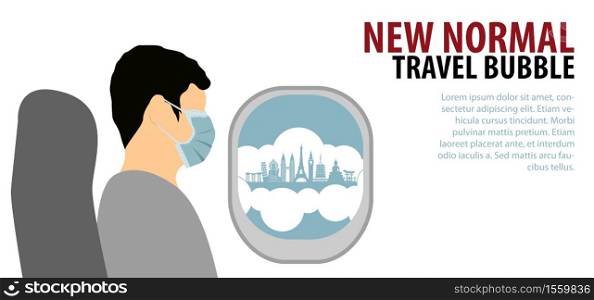 man wears medical mask with flat color design sit on plane with art concept of travel bubble new normal