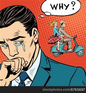 man weeps love breakup cheating. A man weeps love breakup cheating. The woman left with her lover on a scooter