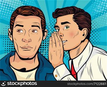Man whispering gossip or secret to his friend. Colorful vector illustration in pop art retro comic style.