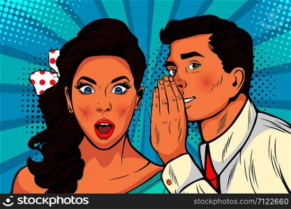 Man whispering gossip or secret to his girlfriend or wife. Colorful illustration in pop art retro comic style.