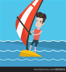 Man windsurfing in a bright summer day. Man standing on the board with sail for surfing. Man learning to windsurf. Windsurfer training on the water. Vector flat design illustration. Square layout.. Young man windsurfing in the sea.