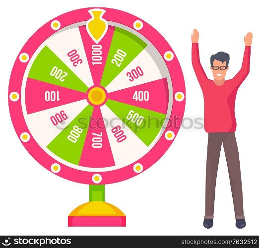 Man winning in roulette machine, risking wheel. Gambling entertainment, man playing fortune, lucky player, business success, casino entertainment. Vector illustration in flat cartoon style. Lucky Player Playing Gambling Wheel, Casino Vector