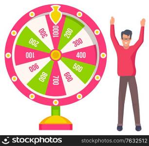 Man winning in roulette machine, risking wheel. Gambling entertainment, man playing fortune, lucky player, business success, casino entertainment. Vector illustration in flat cartoon style. Lucky Player Playing Gambling Wheel, Casino Vector