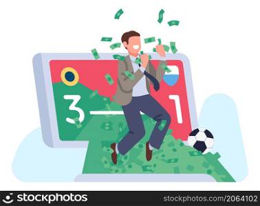 Man winning money on sport bet. Bookmaker mobile app isolated on white background. Man winning money on sport bet. Bookmaker mobile app