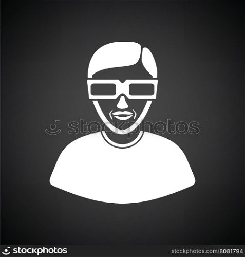 Man with 3d glasses icon. Black background with white. Vector illustration.