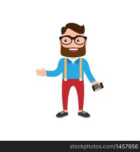 Man with a beard and glasses with a smartphone in hands. Vector illustration. EPS 10. Man with a beard and glasses with a smartphone in hands. Vector illustration EPS 10