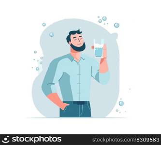 Man with a beard holds a glass of water. Vector illustration desing.