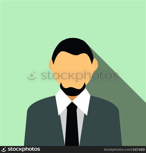 Man with a beard in a grey suit icon in flat style on a light blue background. Man with a beard in a grey suit icon, flat style