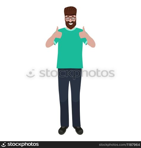 Man with a beard shows a thumb up like sign. Cartoon vector illustration, flat design.. Man with a beard shows a thumb up like sign. Cartoon vector illustration, flat design