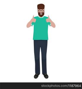Man with a beard shows a thumb up like sign. Cartoon vector illustration, flat design.. Man with a beard shows a thumb up like sign. Cartoon vector illustration, flat design