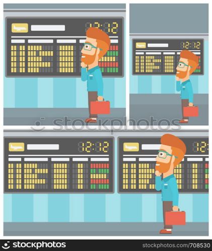 Man with a briefcase looking at departure board at the airport. Passenger standing at the airport in front of departure board. Vector flat design illustration. Square, horizontal, vertical layouts.. Man looking at departure board in the airport.