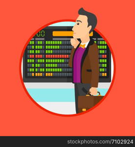 Man with a briefcase looking at departure board at the airport. Passenger standing at the airport in front of the departure board. Vector flat design illustration in the circle isolated on background.. Man looking at departure board in the airport.