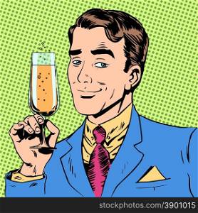 man with a glass of champagne date holiday toast. A man with a glass of champagne rendezvous toast the occasion. The elegant gentleman with wine
