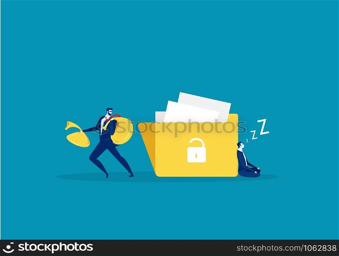 man with a hand wants to steal information from big file. Flat design, vector illustration, vector.