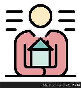 Man with a house in his hands icon. Outline man with a house in his hands vector icon color flat isolated. Man with a house in his hands icon color outline vector