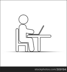 man with a laptop at the table.Outline drawing.