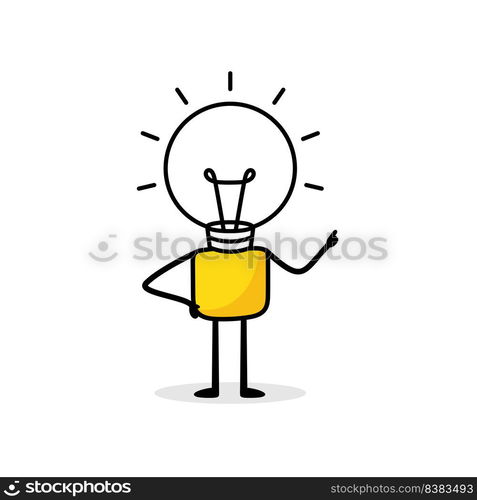 Man with a light bulb head on white background. Hand drawn doodle stickman. Idea and creativity concept. Vector stock illustration.