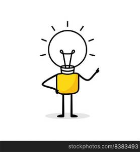 Man with a light bulb head on white background. Hand drawn doodle stickman. Idea and creativity concept. Vector stock illustration.