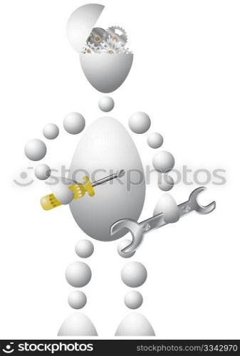 Man with a mechanism in the head and a wrench and a screwdriver in his hand. Abstract 3d-human series from balls. Variant of white isolated on white background. A fully editable vector illustration for your design.