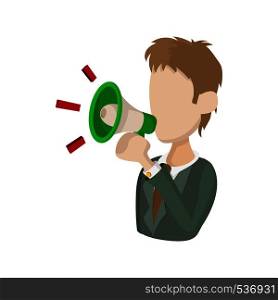 Man with a megaphone icon in cartoon style isolated on white background. Man with a megaphone icon, cartoon style