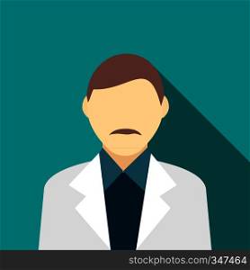 Man with a mustache in a gray suit icon in flat style on a turquoise background. Man with a mustache in a gray suit icon