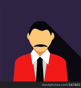 Man with a mustache in a red jacket icon in flat style on a violet background. Man with a mustache in a red jacket icon