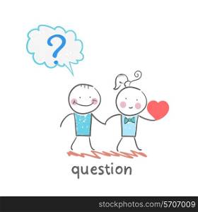 man with a question mark goes with a girl with a heart in his hand