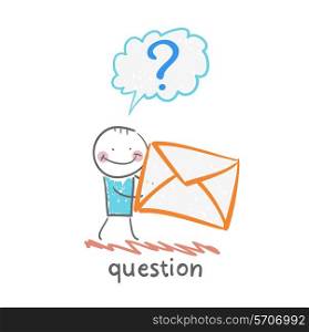 man with a question mark holds an envelope