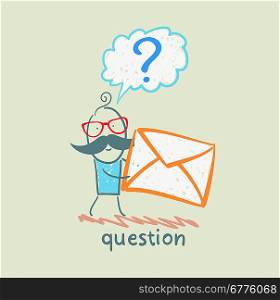 man with a question mark holds an envelope