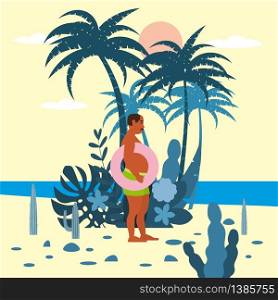 Man with a rubber ring in shorts on background of exotic plants of palm sea. Man with a rubber ring in shorts on background of exotic plants of palm sea, ocean, beach. Trend modern flat cartoon, vector, isolated, poster