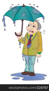 Man with a Small Umbrella and All Wet in the Rain, vector illustration