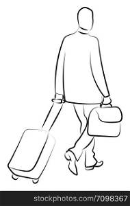 Man with a suitccase, illustration, vector on white background.
