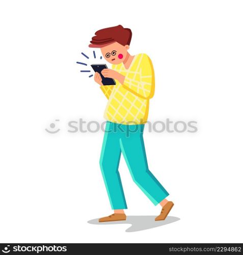 Man With Addiction Mobile Phone Gaming Vector. Young Boy With Addiction Smartphone Chatting Or Playing Game, Using Application Or Searching Information In Internet. Character Flat Cartoon Illustration. Man With Addiction Mobile Phone Gaming Vector