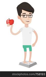 Man with apple in hand weighing after a diet. Man satisfied with result of his diet. Man on a diet. Dieting and healthy lifestyle concept. Vector flat design illustration isolated on white background.. Man standing on scale and holding apple in hand.