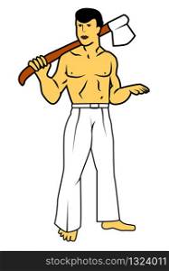 man with axe flat illustration. Primitive ancient male cartoon character. man with hunting, working tool isolated design element.