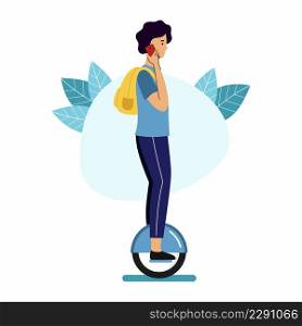 Man with backpack rides on monowheel and talks on phone. Walk around city on mono wheel.