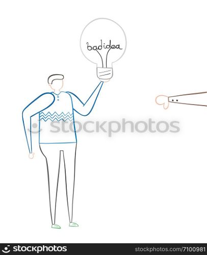 Man with bad idea light bulb and rejected with thumbs-down, hand-drawn vector illustration. Color outlines and white background.