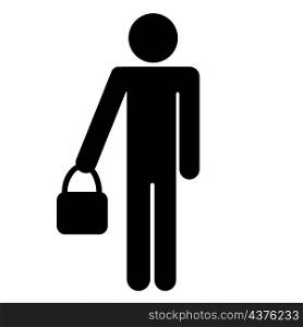 Man with bag icon. Standing person. Black silhouette. Freehand art design. Flat sign. Vector illustration. Stock image. EPS 10.. Man with bag icon. Standing person. Black silhouette. Freehand art design. Flat sign. Vector illustration. Stock image.