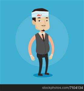 Man with bandages over his head. Sad injured man with a bandaged head. Full length of an adult wounded man. Vector flat design illustration isolated on blue background. Square layout.. Man with injured head vector illustration.