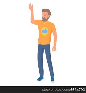 Man with beard in casual cloth, gestures by hand vector illustration in flat style design. Emotional nonverbal body language clue sign. Man Emotional Nonverbal Body Language Clue Sign