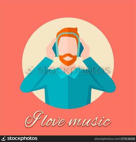 Man with beard listening music in headphones flat poster vector illustration. Man Listening Music